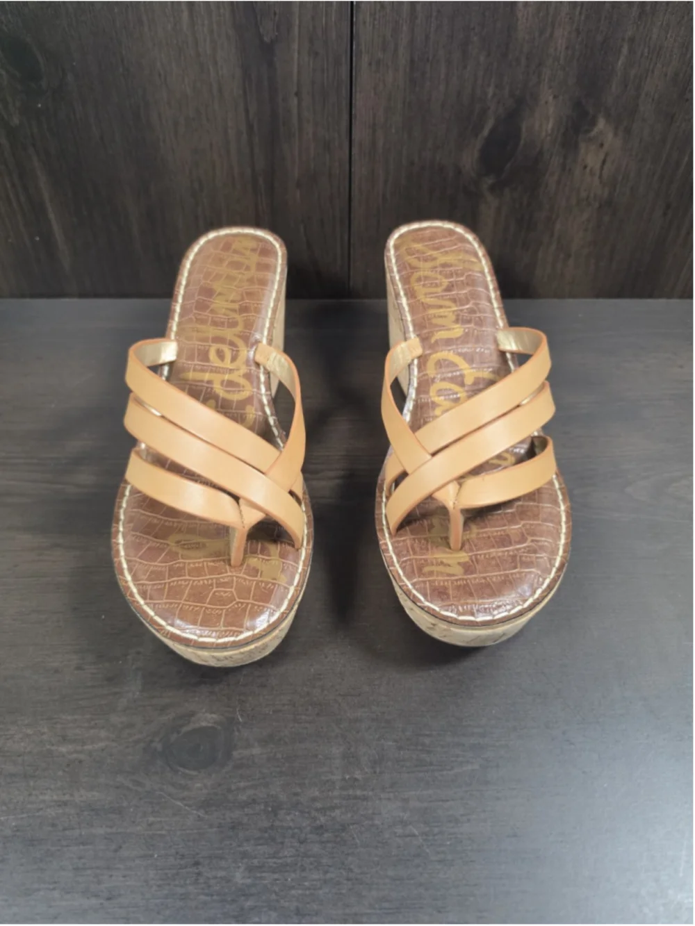 Sam Edelman Strappy Criss-cross Cork Platform Wedge Sandals 9.5 M Natural Brown